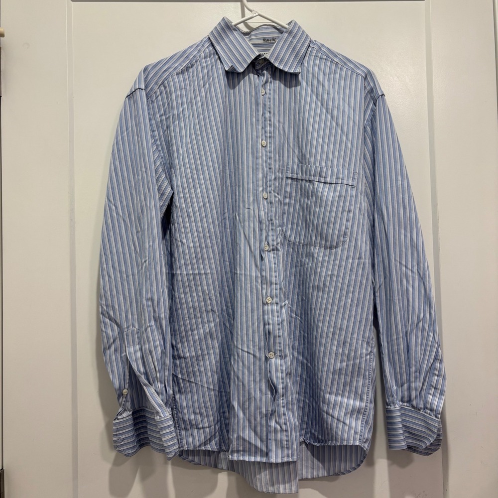 Canali Mens Blue Multi Stripe Dress Shirt Made in Italy Size 15.5 39 Long Sleeve
